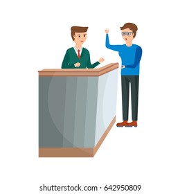 Working hotels. The receptionist serves the client, and gives him the key to the hotel room. Modern vector illustration isolated on white background.