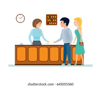 Working hotels. The receptionist serves clients, and gives them the keys to the hotel room. Modern vector illustration isolated on white background.