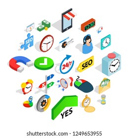 Working hour icons set. Isometric set of 25 working hour vector icons for web isolated on white background