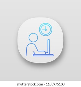 Working hours app icon. UI/UX user interface. Worker. Freelance job. Person working with laptop. Web or mobile application. Vector isolated illustration