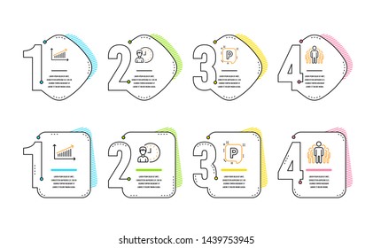 Working hours, Chart and Parking icons simple set. Group sign. Project deadline, Presentation chart, Auto park. Managers. Business set. Infographic timeline. Line working hours icon. Vector