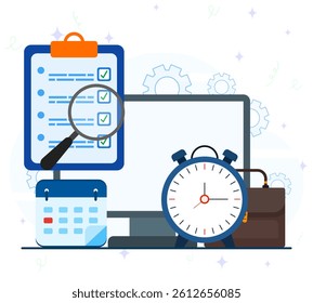 Working Hours Concept. Computer with clock, calendar, task document, magnifying glass and briefcase. Time management, work deadlines or work time planning. 