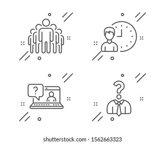 Horas de trabajo, Conjunto de iconos de línea de grupo y fax. Firma de la contratación de empleados. Plazo del proyecto, Administradores, Soporte Web. Recursos humanos. La gente se puso. Icono de esquema de horas laborables de línea. Vector
