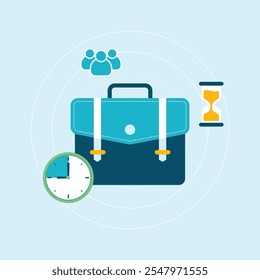 Working hours illustration vector. businessman briefcase and clock icon.
