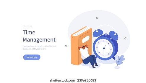 Working hours. Man organizing work, rest time, deadline. Time management, productivity, organization concept. Vector illustration.