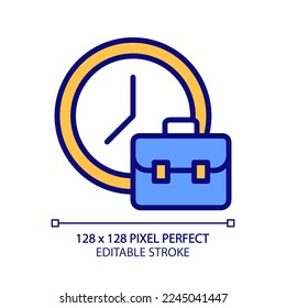 Working hours pixel perfect RGB color icon. Employment duration. Full-time employee. Work schedule. Isolated vector illustration. Simple filled line drawing. Editable stroke. Arial font used