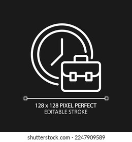 Working hours pixel perfect white linear icon for dark theme. Employment duration. Full-time employee. Thin line illustration. Isolated symbol for night mode. Editable stroke. Arial font used