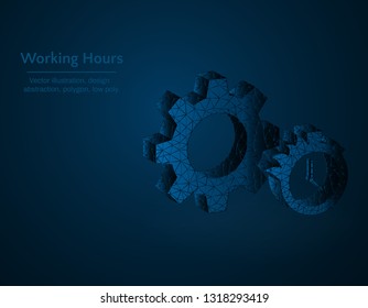 Working hours symbol low poly vector illustration, gear and stopwatch polygonal icon, Fire flame on a stopwatch concept illustration, web dark blue background