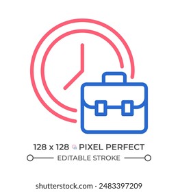 Working hours two color line icon. Employment duration. Full-time employee. Clock and briefcase. Work schedule bicolor outline symbol. Duotone linear pictogram. Isolated illustration. Editable stroke