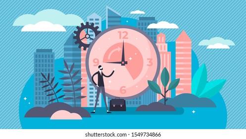 Working hours vector illustration. Flat tiny classical workweek persons concept. Popular office job time from nine till five. Professional job period visualization. Business company day structure.