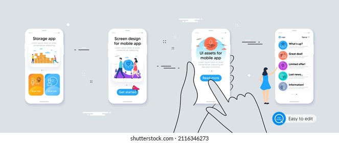 Working hours, Water care and Vip table line icons for website, printing. Phone ui interface. Collection of Idea head, World mail, Business idea icons. Vector