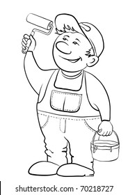 Working house painter paints, in hands at it the tool and a bucket with a paint, contour