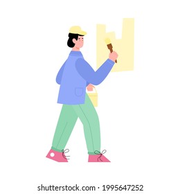 Working house painter paints a wall with brush, flat cartoon vector illustration isolated on white background. House painting and renewal services craftsman.
