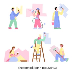 Working house painters cartoon characters set, flat vector illustration isolated on white background. Craftsman or handyman, workman painting walls with tools.