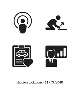 working icon. 4 working vector icons set. worker, podcast and car repair icons for web and design about working theme