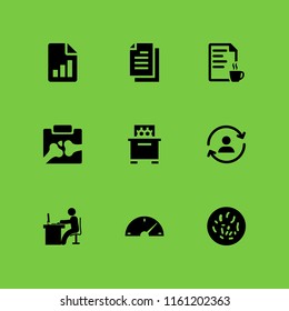working icon. 9 working set with bee hive, laboratory, bone and report vector icons for web and mobile app