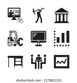 working icon. 9 working vector icons set. forklift, desktop and worker icons for web and design about working theme