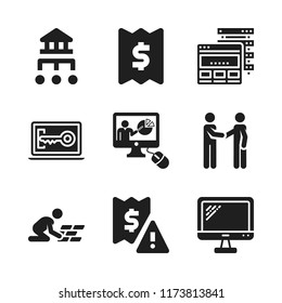 working icon. 9 working vector icons set. worker, invoice and meeting icons for web and design about working theme