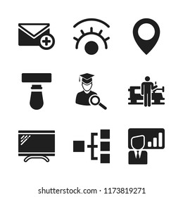 working icon. 9 working vector icons set. monitor, new email and worker icons for web and design about working theme