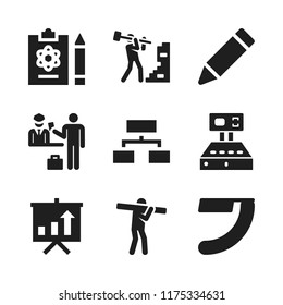 working icon. 9 working vector icons set. analytics, cash register and edit icons for web and design about working theme