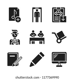working icon. 9 working vector icons set. music file, workers and monitor icons for web and design about working theme