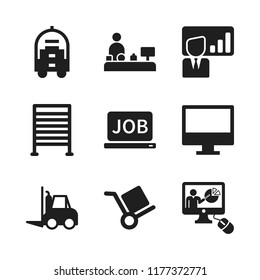 Arbeitssymbol. 9 funktionierende Vektorsymbole gesetzt. Bellhop, Laptop-Job-und Beschäftigungspräsentations-Symbole für Web-und Design-Design-Thema Arbeit