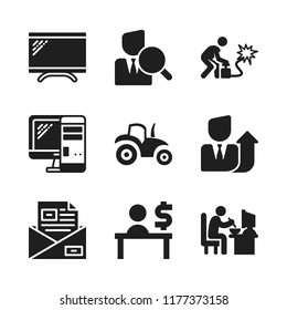 working icon. 9 working vector icons set. man sitting in his job desk eating lunch, email and worker icons for web and design about working theme
