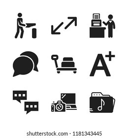 working icon. 9 working vector icons set. music folder, chat and carpenter icons for web and design about working theme