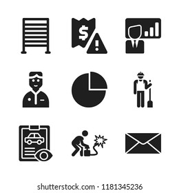 working icon. 9 working vector icons set. car repair, invoice and email icons for web and design about working theme