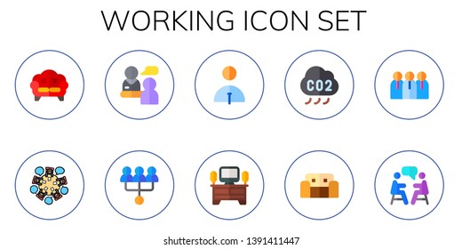 working icon set. 10 flat working icons.  Collection Of - sofa, meeting, interview, worker, tv table, co, workers