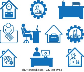 Working icon set, 10 office work icon set blue vector
