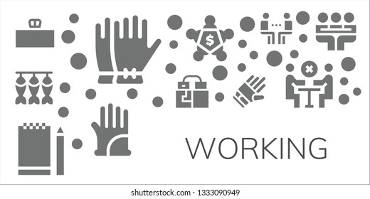 working icon set. 11 filled working icons.  Simple modern icons about  - Desk, Gloves, Dried fish, Sketchbook, Meeting