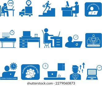 Juego de iconos de trabajo, conjunto de iconos de trabajo de 15 oficinas vector azul
