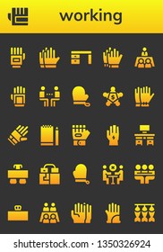 working icon set. 26 filled working icons.  Collection Of - Gloves, Desk, Football gloves, Meeting, Glove, Sketchbook, Dried fish