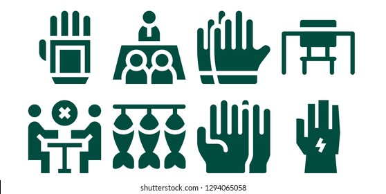  working icon set. 8 filled working icons. Simple modern icons about  - Meeting, Glove, Dried fish, Gloves, Desk