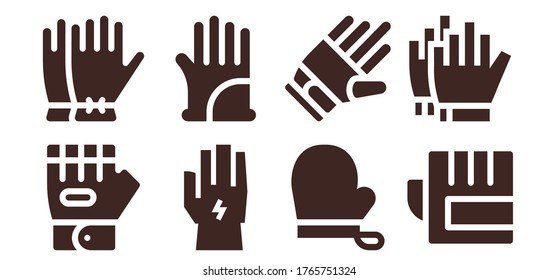 working icon set. 8 filled working icons. Included Glove, Gloves, Football gloves icons