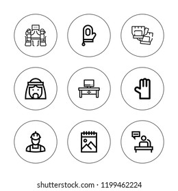 Working icon set. collection of 9 outline working icons with arab man, desk, glove, gloves, meeting, sketchbook icons. editable icons.