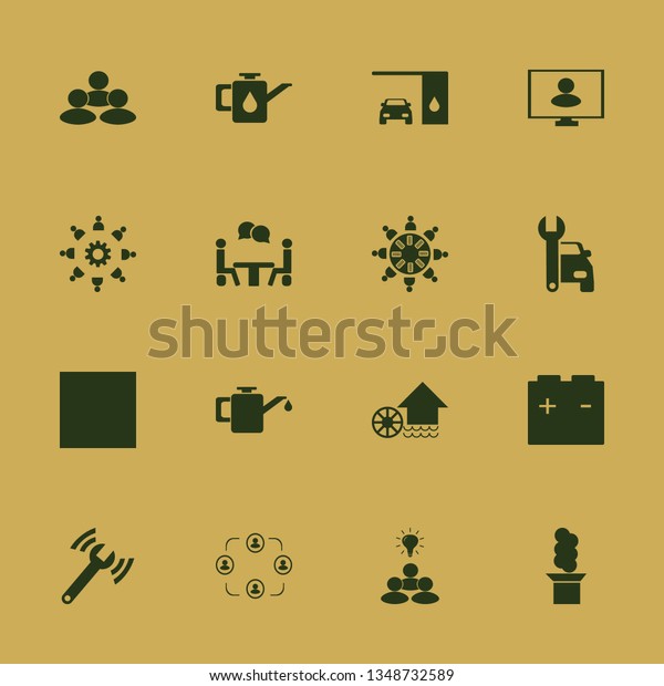 working icon set with people, talking people\
and changing car oil vector\
illustration