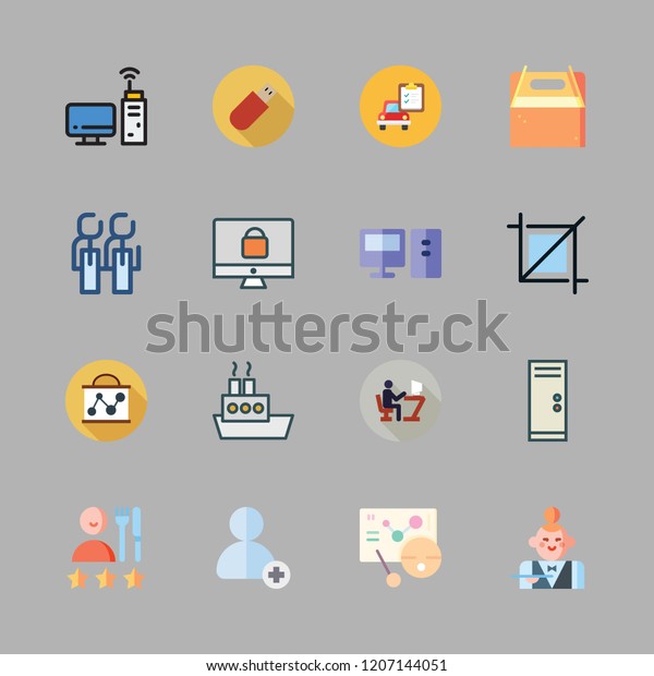 working icon set. vector set about\
meeting, car repair, computer and add user icons\
set.