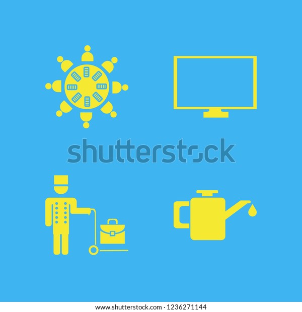 working icon. working vector icons\
set monitor, work group at the table, car oil and\
bellhop