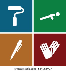 working icons set. Set of 4 working filled icons such as gloves, push up, paint roller