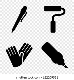 Working icons set. set of 4 working filled icons such as gloves, paint roller