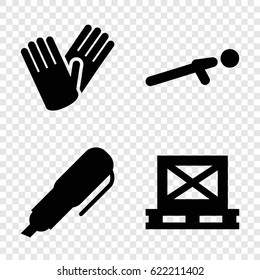 Working icons set. set of 4 working filled icons such as gloves, push up, cargo on palette