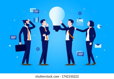 Working with ideas - Four people working with a big light bulb, contemplating and thinking in team. Idea work, brainstorm and teamwork concept. Vector illustration.