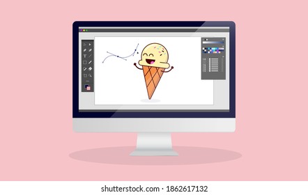 Working as an illustrator and graphic designer on computer - Desktop screen with unbranded design software and cartoon illustration. Vector illustration.