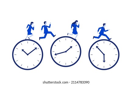 Working image,businessperson running,on clock,blue flat illustration,vector