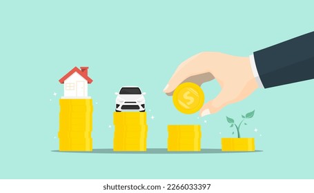 Working income, saving for the future concept, Money coin with housing, car, young plant. Digital marketing illustration.
