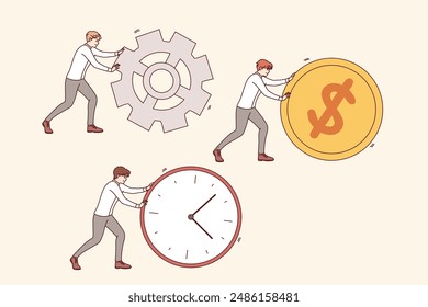 Working to increase productivity of business processes, from managers rolling large clock and coin or gear. Concept of trying to increase company productivity and efficiency by saving time