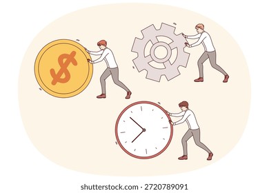 Working to increase productivity of business processes, from managers rolling large clock and coin or gear. Concept of trying to increase company productivity and efficiency by saving time