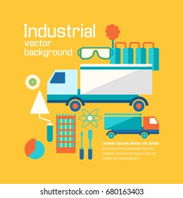 Working industrial process ?oncept flat with different tools, motortrucks and manufacturing equipment in the factory vector illustration